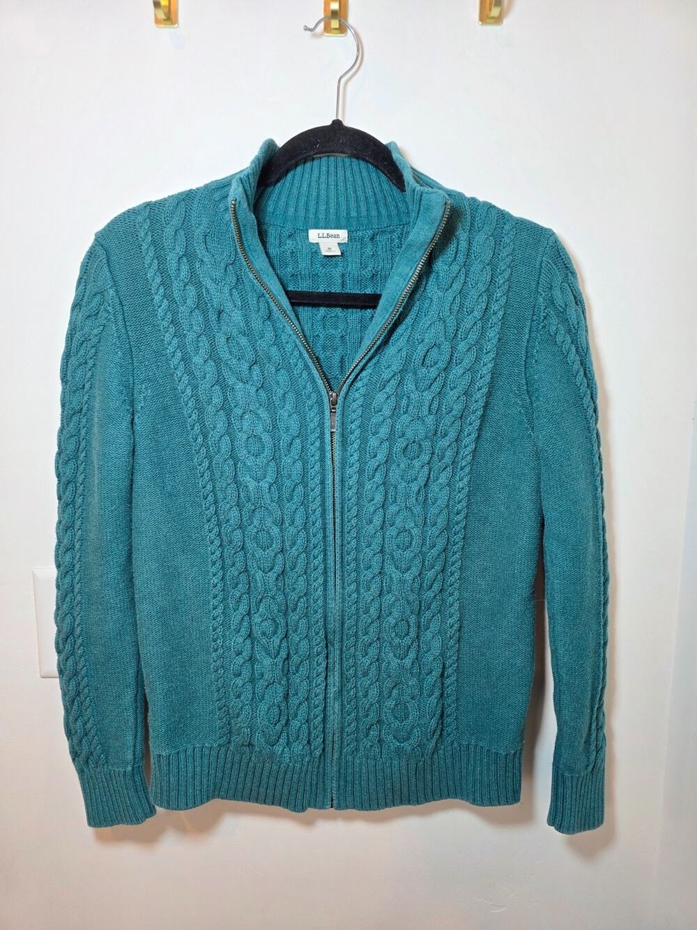 L.L.Bean Medium Green Cable Knit Zip-up Sweater Women's Heavyweight Fisherman